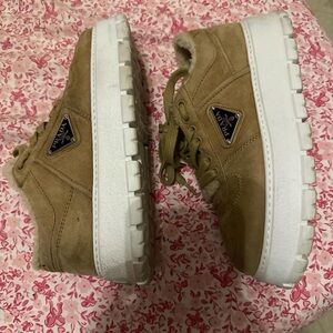 Prada Beige Suede Sneakers with White Soles